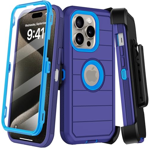 for iPhone 15 Pro Max Case with Belt Clip Holster,Built-in Screen Protector,Heavy Duty Shockproof Drop Protection Military Grade 3 Layers Rugged Phone Cover with Kickstand for Apple 15 ProMax (Blue) by KECAI - Used condition - US$12.06