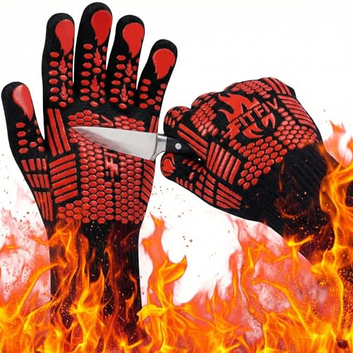 FITFIV BBQ Gloves, Oven Gloves, 1472°F Extreme Heat Resistant Barbecue Gloves, Silicone Non-Slip Oven Mitts, Kitchen for Cooking, Grilling, and Baking (Red)
