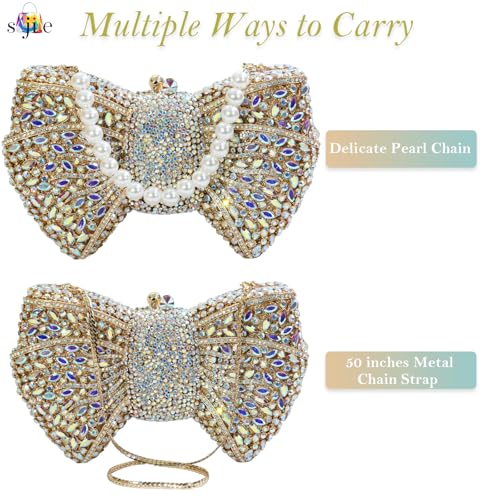 Image of Handmade Inlay Rhinestone Bow Clutch Bag for Women, Sparkling Evening Party Wedding Purse with Detachable Pearl Chain