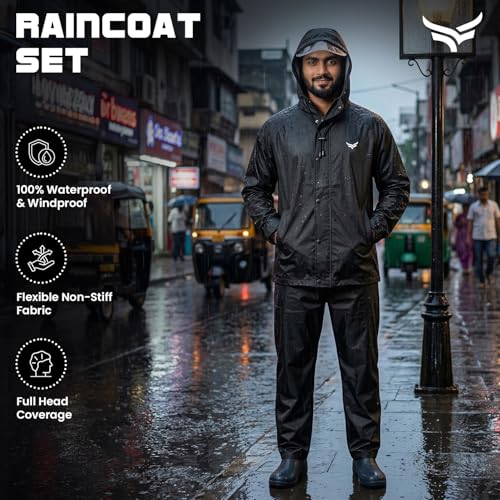 Image of XTRIM Raincoat, Waterproof Jacket with Hood, Zipper, Snap Button, Black | Pants with Elastic Waist, Pocket, Reflective Trim for Biking & Travelling