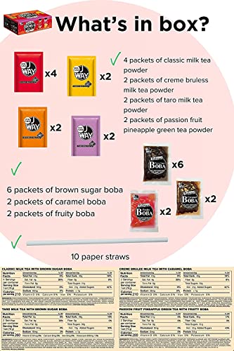 J Way Instant Boba Bubble Pearl Variety Milk Tea Fruity Tea Kit With Authentic Brown Sugar Caramel Fruity Tapioca Boba, Ready In Under One Minute, Paper Straws Included - Gift Box - 10 Servings #TOP3