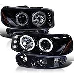 Spec-D Tuning Glossy Black Housing Light Smoke Lens LED Halo Projector Headlights + Bumper Lights Compatible with 2001-2006 GMC Yukon Denali Models Left + Right Pair Headlamps Assembly