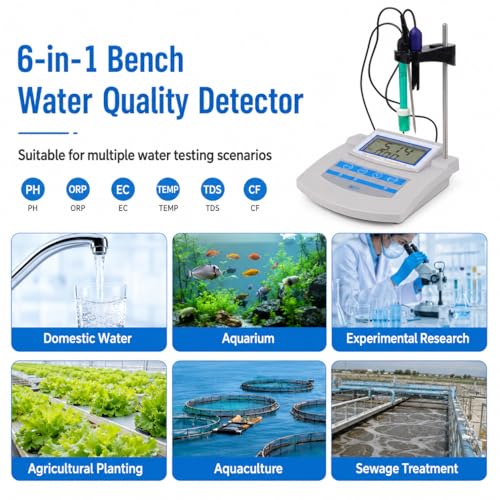 Kit de medidor de pH de sobremensa Digital de Alta precisión 6 en 1, con compensación Temporal, almacena Datos para Pruebas de Pesca y Suelo de Acuario de Laboratorio, medición de Amplio Rango