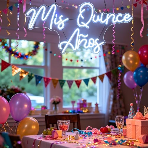 Image of Mis Quince Anos Neon Sign 30inch Custom Dimmable White LED Neon Light Sign - Personalized inchMis Quince Anos inch Birthday Wall Art, Home & Party Decor, Unique Gift for Girls