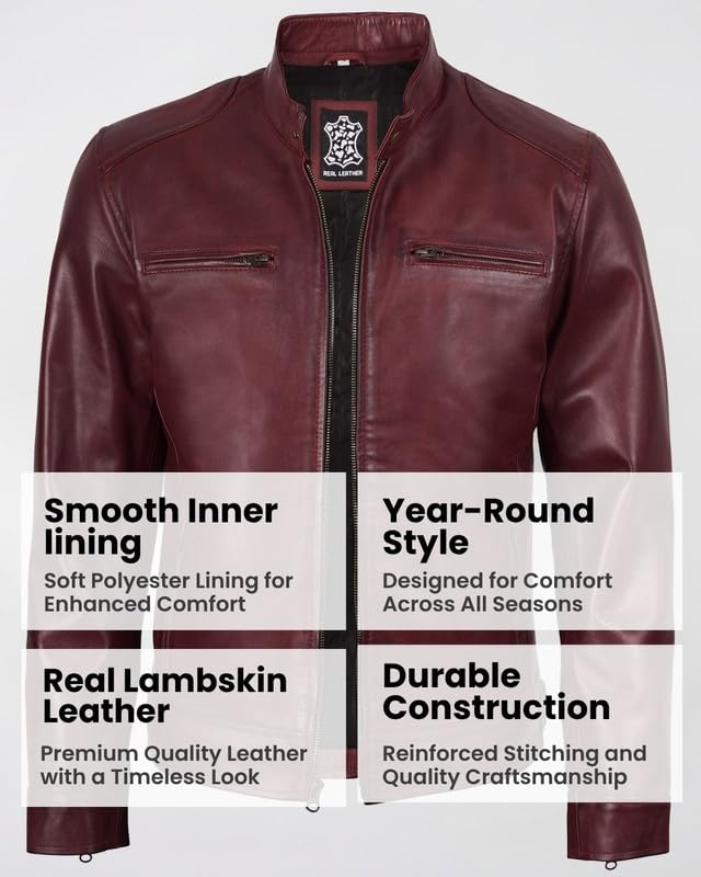 Image of Blingsoul Leather Jacket Men - Real Lambskin Cafe Racer Motorcycle Style Jacket for Mens