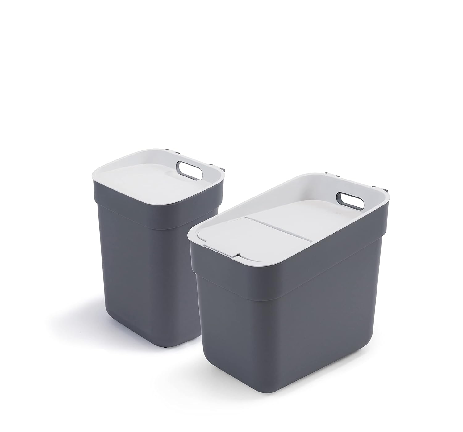 Curver - Set of 2 Ready to Collect 10+20L Recycling Bins with Wall or Door Holder, Ideal for Kitchen or Bathroom, 100% Recycled, Lid and Bag Ring, Grey