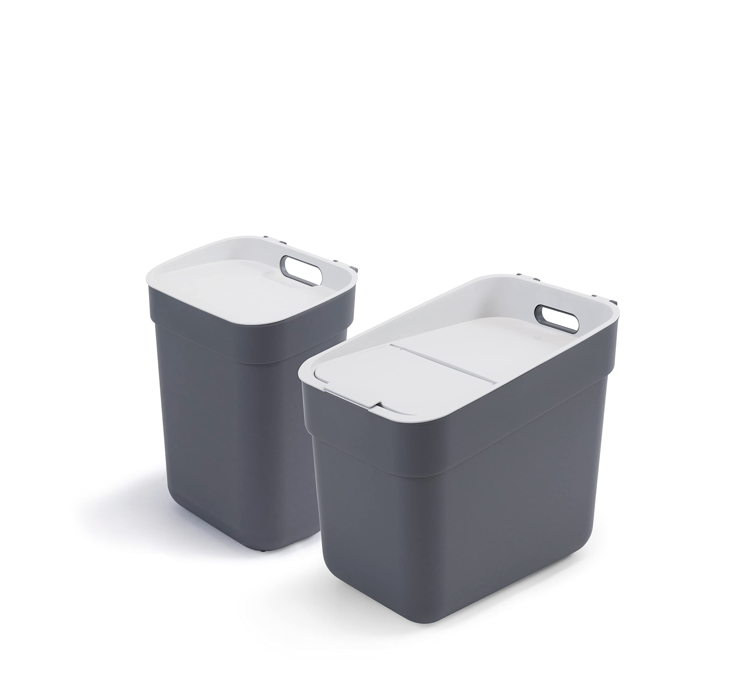 Curver Ready to Collect 2er-Set Müll- und Recyclingeimer, 10 + 20 l, mit Wand- oder Türhalterung, ideal für Küche oder Badezimmer, 100% recycelt, Deckel und Beutelring, Grau