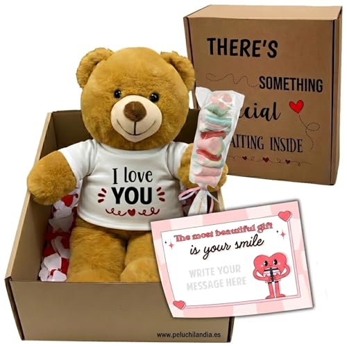 Peluchilandia Romantic Gifts for Girlfriend Boyfriend Anniversary & Valentines Day Teddy Bear Gift Set with I Love You T-Shirt in Decorated Box Includes Card & Sweet