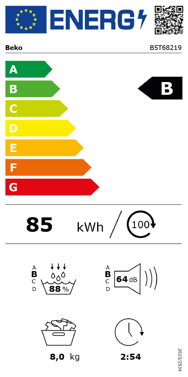Beko B5T68219 Wäschetrockner, 8 kg, Frontlader Wärmepumpentrockner, 15 Programme, Kondenstrockner, Säulenfähig, Aquawave Schontrommel, Weiß