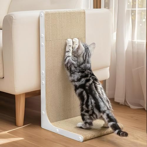 Conlun Rascador para Gatos, 58 cm Forma en L Montable en Pared, Panel de Rascado Vertical, Cartón Duradero para Proteger Muebles de Gatos de Interior, Grande,Blanco