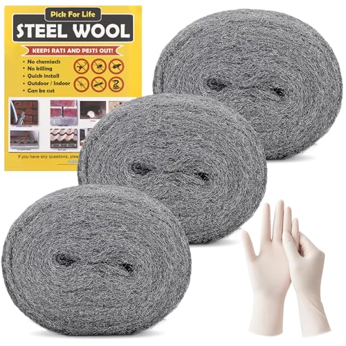 Steel Wool Mice - Coarse Wire Wool Rats Rodent Control Gaps Blocker, Fill Holes Fabric DIY Kit with Work Gloves, Hardware Cloth, Used to Block Mice, Insect, Pest (3m/ Pack) x 3