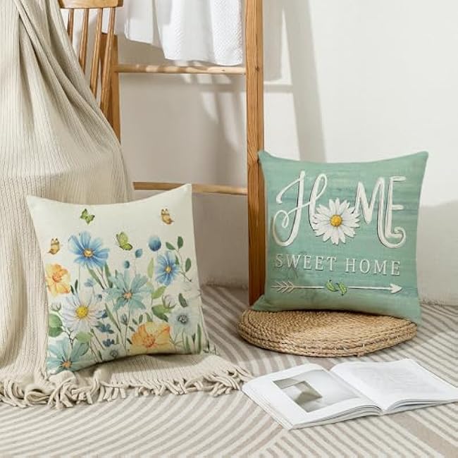 wyooxoo Spring Pillow Covers 18x18 Set of 4 Farmhouse Throw Pillow Covers Floral Decorative Cushion Cases for Sofa Couch Living Room Outdoor Home Decor