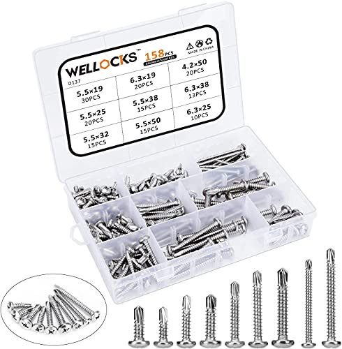 WELLOCKS 187 piezas Tornillos autorroscantes de cabeza plana M4.2 M5.5 Tornillos de acero inoxidable M6.3 Longitud 19-50 mm Juego de tornillos autorroscantes con caja (D137) Cover