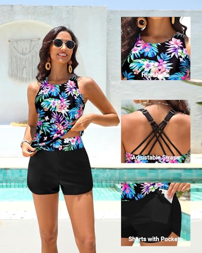 Daci Tankini Swimsuits for Women - Tummy Control Two Piece Bathing Suits with Shorts 2025 High Neck Swimwear Two Side Pockets2