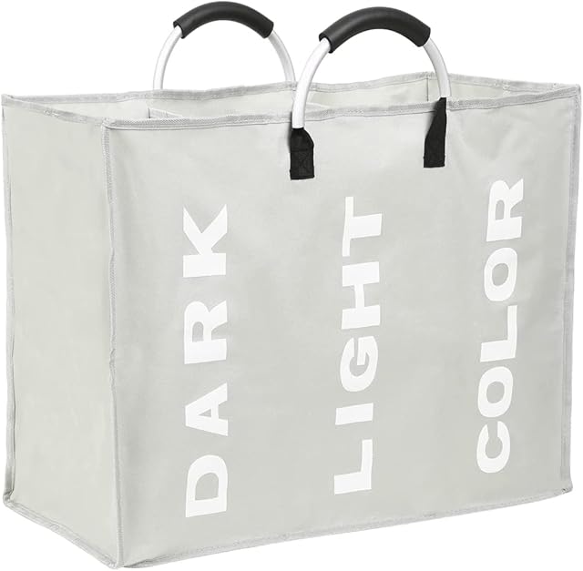 Easy Funny 3 Section Laundry Bag Basket Dark Light Color Canvas Storage Washing Hamper Bin (Light Grey)