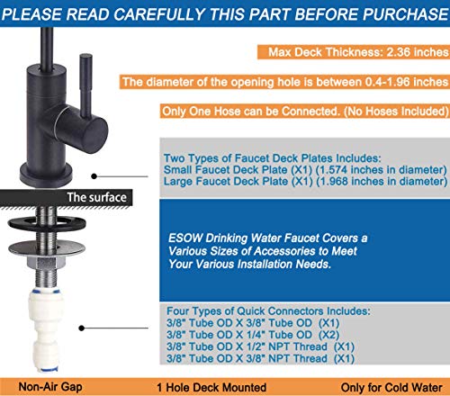 Image of ESOW Kitchen Water Filter Faucet, 100% Lead-Free Drinking Water Faucet Fits Most Reverse Osmosis Units or Water Filtration System in Non-Air Gap, Stainless Steel 304 Body Matte Black Finish