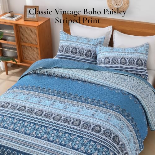 Image of Andency Blue Quilts Queen Size, 3 Pcs Boho Lightweight Striped Bedspread | Soft Blue Printed Bohemian Polyester Reversible Coverlet Comforter Sets for All Season (90 inchx96 inch)