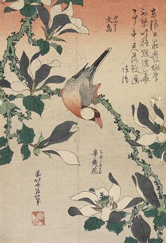 Impression d'art Moineau de Java et Magnolia Hokusai Poster Vintage Finition Premium 60x90