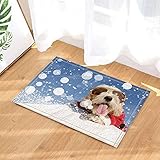 Especificaciones: 40 * 60 cm. XHWL767 Decoración navideña Perro Divertido con Gafas y Estirada Lengua acostada en la Nieve alfombras de baño 40X60 CM baño Cocina Estera Accesorios