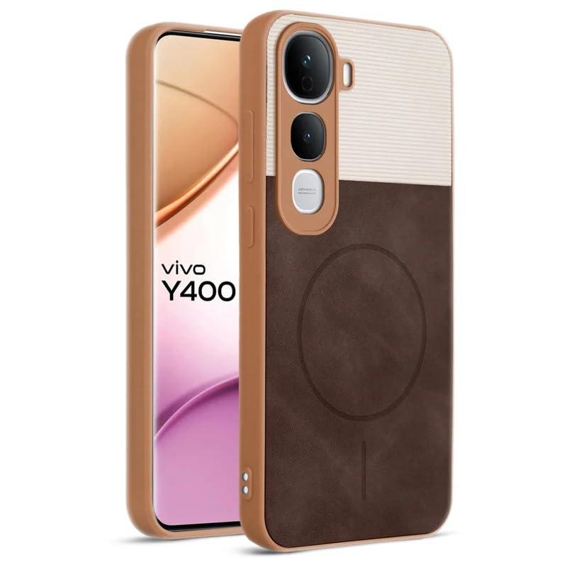 Image of Bintage case Dual-Leather Macc-Safe Design Phone Case| Soft Touch Finish | Full Camera Protectection Back Cover Compatible for Vivo V2439 / Vivo Y400Pro - White & Choco Brown