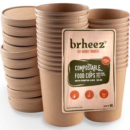 To Go Papierbecher mit Deckel, 900 ml, für Gefrierschrank, Mikrowelle oder unterwegs, Einweg-Behälter mit belüfteten Deckeln, perfekt für Eis oder Suppe, 25 Stück Cover