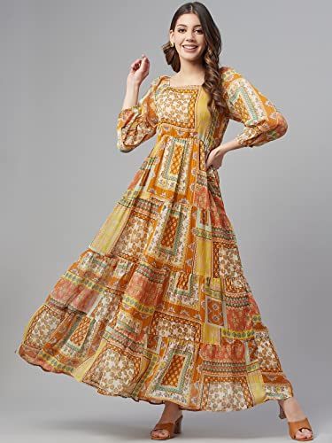 Image of Cottinfab Women Mustard Yellow Ethnic Printed A-Line Maxi Dress