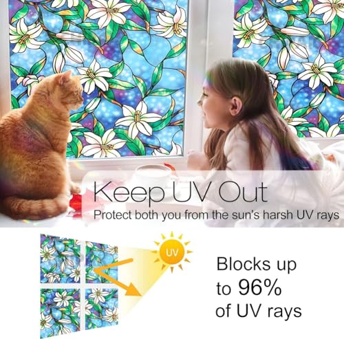 Image of CHIPAK Premium Vinyl Privacy Stained Window Glass Film (24x60 Inch) - Self-Adhesive Decorative Sticker Opaque Sheet Tint Wallpaper for Glass Cover Window, Door, Office.| Anti-UV. Blue Lily Flowers