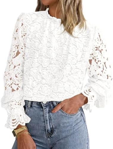 KIRUNDO Blouses for Women Dressy Casual Lace Long Sleeve Tops Mock Neck Ruffle Hem Shirts Fall Fashion Clothes