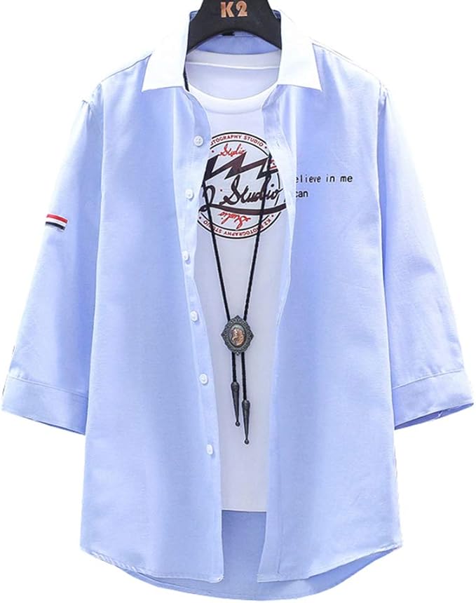 Amazon シャツ メンズ 夏服 七分袖 快適な 軽い 柔らかい かっこいい ワイシャツ カジュアル スポーツ 半袖 人気 春夏オシャレ 無地 蓝 M シャツ 通販