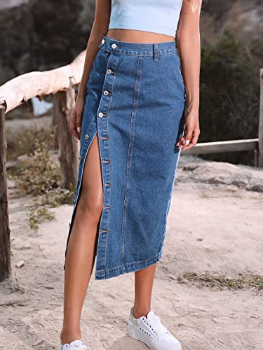 Women's Casual High Waisted Solid Button Up Denim Jean Skirt2