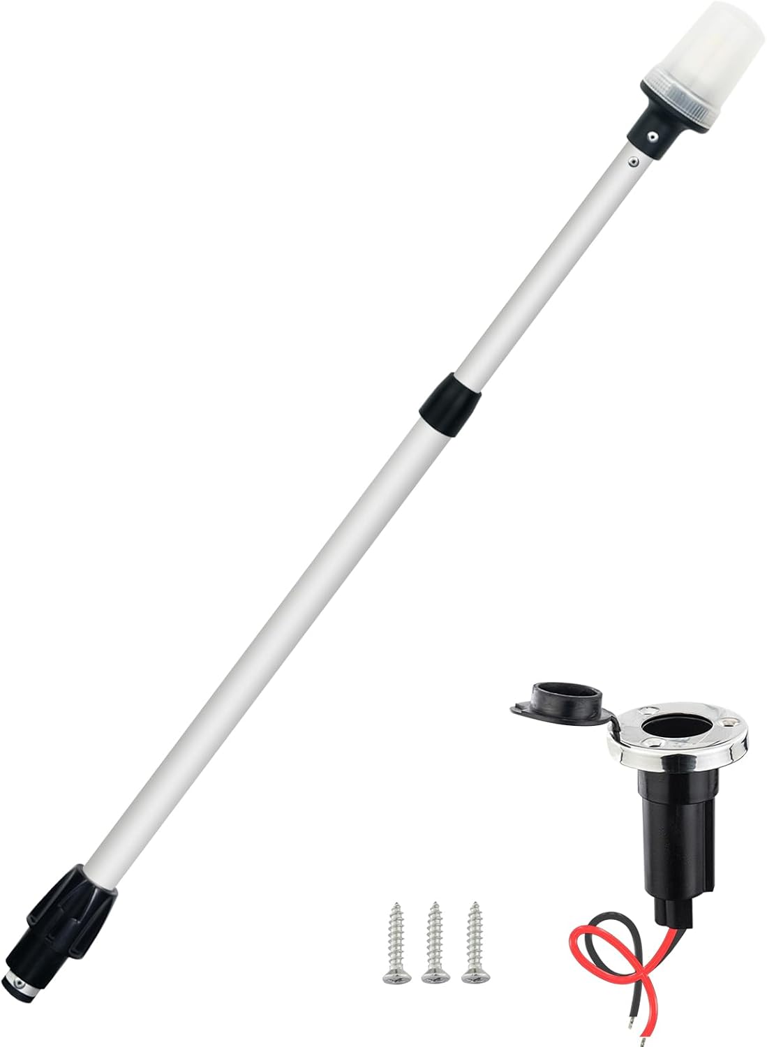 Telescopic Stern Light, Navigation Lights, All Round White LED Anchor, USCG 2NM, Removable 2-Pin Plug-in Base, 12-24VDC, 29.5-44 Inches, for Pontoon Boats