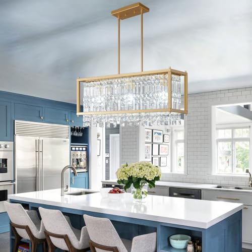 Image of LMQNINE Modern Rectangle Chandelier for Dining Room, Gold Crystal Chandelier Linear Light Fixture, Farmhouse Chandeliers for Kitchen Island, Bar Table, L25.98'' x W9.84'' x H8.66''
