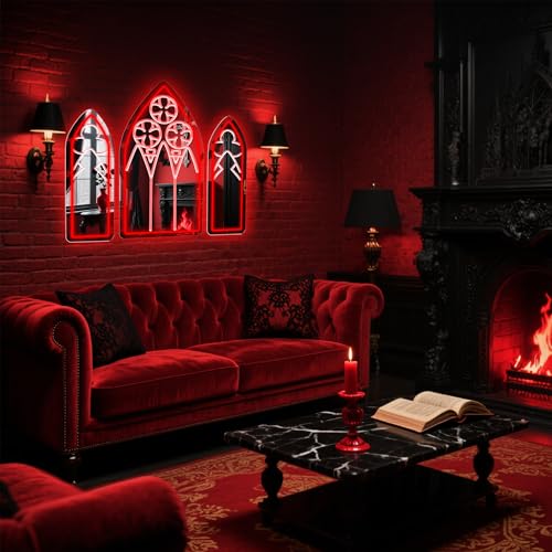 Image of DUOLIYBC Gothic Neon Sign, Medieval Goth Mirror Set, Window Mirror Neon Signs for Wall Decor, Gothic Cathedral Decor, Witch Mirrors 16″ x 9.4″