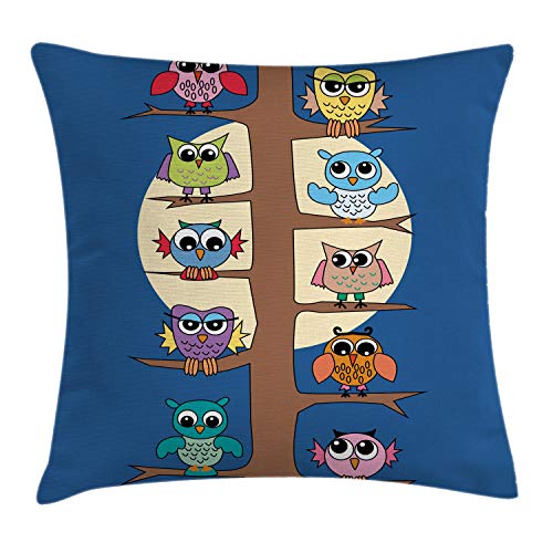 Lunarable Cartoon Throw Pillow Cushion Cover, Owls in Style Theme on Tree Night Full Moon Display Print, Decorative Square Accent Pillow Case, 36