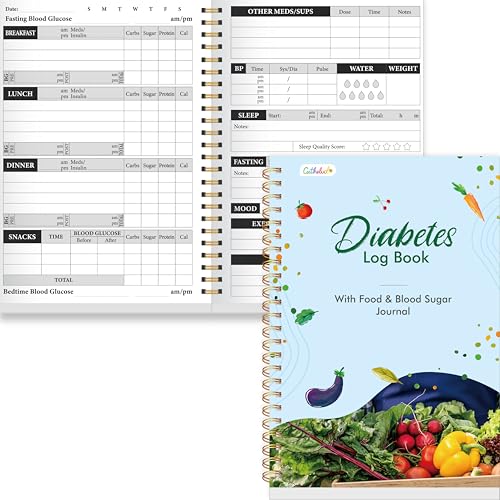 Diabetes Log Book, 80 Sheets Food & Blood Sugar Track Journal Spiral Bound Notebook for Types 1 & 2 Diabetics, Attached Diabetes Food List for Meal Plan & BG Control