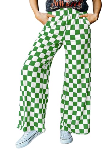 IWOLLENCE St. Patrick's Women's Wide Leg Pants Casual Loose High Waist Checkered Loungewear Teen's Gingham Sweatpants Green White, L