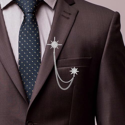 Image of Silver Rhinestone Star Brooch for Women, Crystal Snowflake Brooch Lapel Pins Fashion Broach Pin Dress Suit Accessories with Tassel Chain Clothing Clip Broach for Women Men