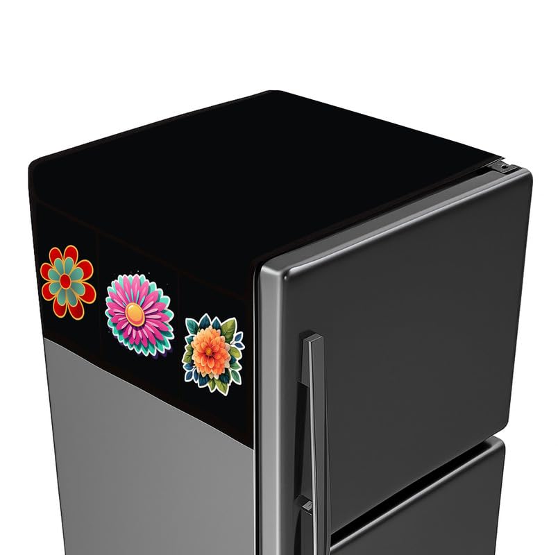 AMODORI Fridge Top Cover – Waterproof Cloth with 6 Side Storage Pockets with Flower Print Black Colour