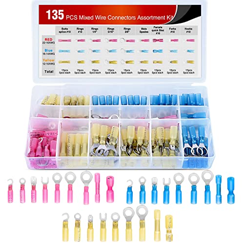 Nilight - 50006R 135 PCS Heat Shrink Wire Connectors - Electrical Terminals Kit - Marine Automotive Crimp Connector Assortment - Ring Fork Hook Spade Butt Splices, 2 Years Warranty