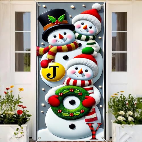 Image of BlissYard Christmas Door Cover 71x35 Inch Snowman Family Door Banner Joy Winter Porch Sign for Front Door Stacked Snowmen Top Hat Santa Hat Green Scarf Holly Bells Entry Decor Outdoor Hanging Cover