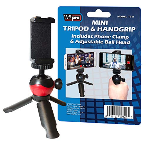 Vidpro TT-8 Mini-Stativ und Handgriff mit Kugelkopf für Smartphones Kameras, Camcorder, kleine DSLRs, spiegellose Telefone, Schuhhalterung zur Befestigung von Licht Mikrofonen, Zoom Videokonferenzen Cover
