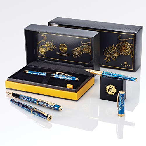 Cross Sauvage 2020 Year Of The Rat Special Edition Translucent Blue Lacquer W/23Kt Gold Plated Inlays And Appointments Rollerball Pen #TOP2