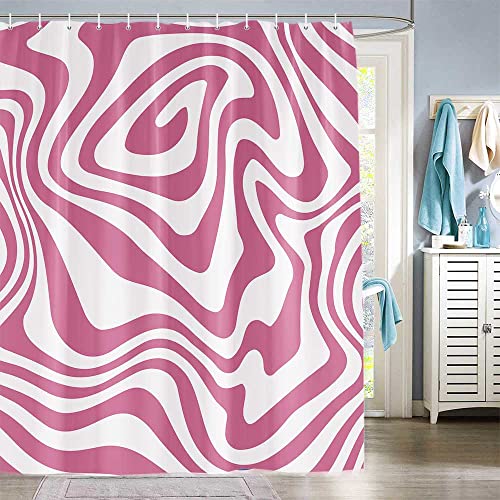 Swirl Pink And White Spiral Shower Curtain For Bathroom, Aesthetic 2000S 90S Retro Boho Cute Geometric Modern Pop Art Fabric Bathroom Curtains, Waterproof Fabric Shower Sets With Hooks #TOP1