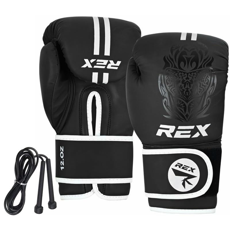 Rex Sports Boxing gloves with FREE Skipping Rope, Training gloves, Heavy duty punching gloves Boxing Gloves for punching bags & sparring training kids & adult size 2 OZ to 16 OZ (WHITE/BLACK, 14 OZ)