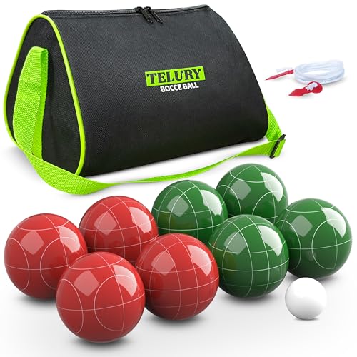 TELURY Bocce Ball Set 100mm Regulation Size and Weight for Lawn Beach Bocci Game Sets for 2-8 Players (Red and Green)