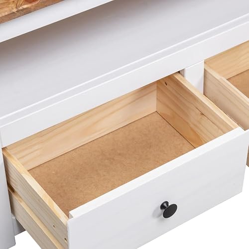 Miniatura 7 de vidaXL Soporte esquinero para TV de madera de pino macizo, estilo escandinavo, color blanco y madera natural, con 2 cajones y compartimento abierto,