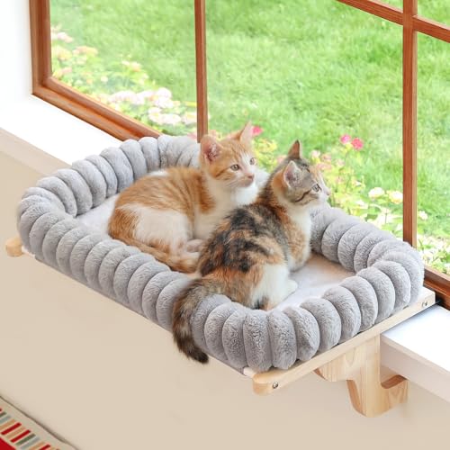 Image of Zakkart SnugCloud Cat Window Perch with 4-Sided Bolster - Large Cat Hammock for Window Sill - Solid Hardwood & Metal Frame - Window Seat for Pets (Natural Color Wood w /Gray Bed, Large)