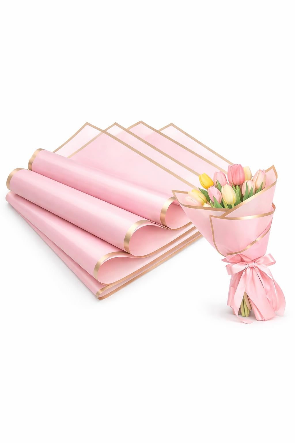 TRAIS Korean Style Waterproof Pink Bouquet Wrapping Paper for Flowers, 05 Sheets 58 x 58 cm (60 Microns), Premium Floral Gift Wrap with Elegant Gold Border for Bouquets, Florist Packaging, DIY Gift Wrapping (05)-image-42