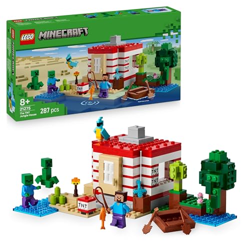LEGO Minecraft A casa - dinamite da selva de brinquedo - função explosão - barco de brinquedo, animais e figuras de Steve, creeper e zombi - presente Gamer para meninos e meninas de 8 anos 21275