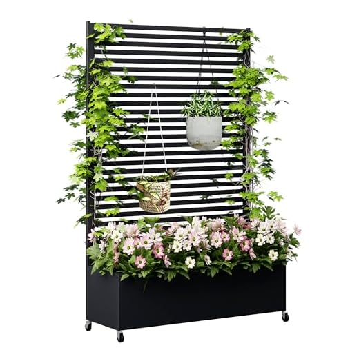 Metal Planter Box with Trellis Privacy Screen, Raised Garden Bed with Trellis & Wheels, Privacy Planters for Patio, Planter Box with Drainage Holes for Climbing Plants, Flower, 73"x 47"x 16", Black